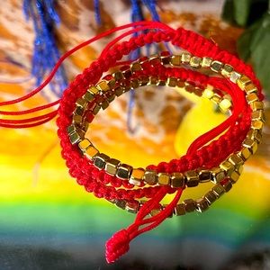 Red Handwoven Rope & Silver plated CCB chain Bracelet